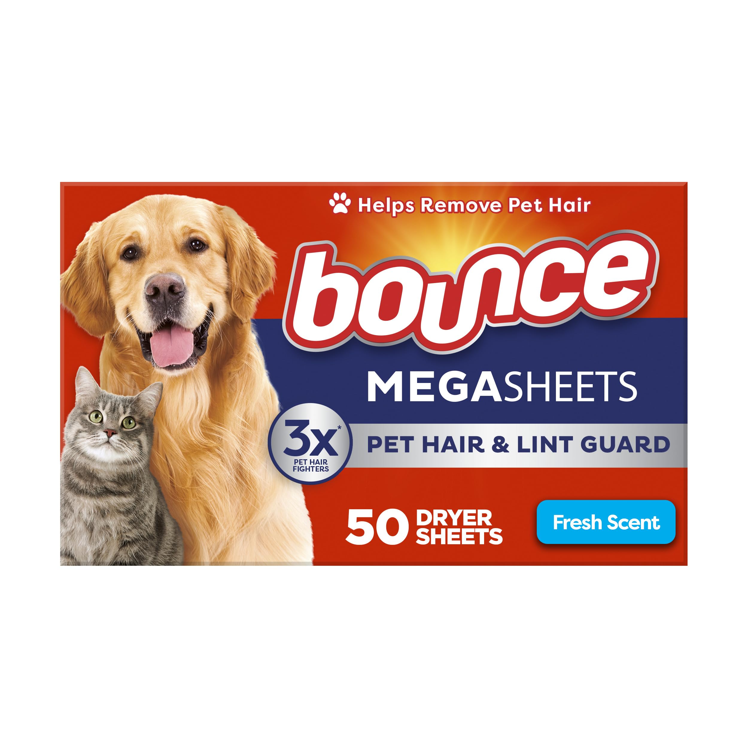 Bounce Pet Hair and Lint Guard Mega Dryer Sheets for Pets with 3X Pet Hair Removal, Fresh Scent, Ideal for Pet Owners,